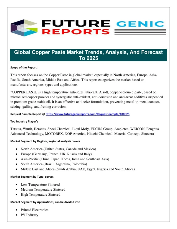 Global Copper Paste Market Expected to Grow Due To Rising Demand in Applications Like Printed Electronics, PV Industry B