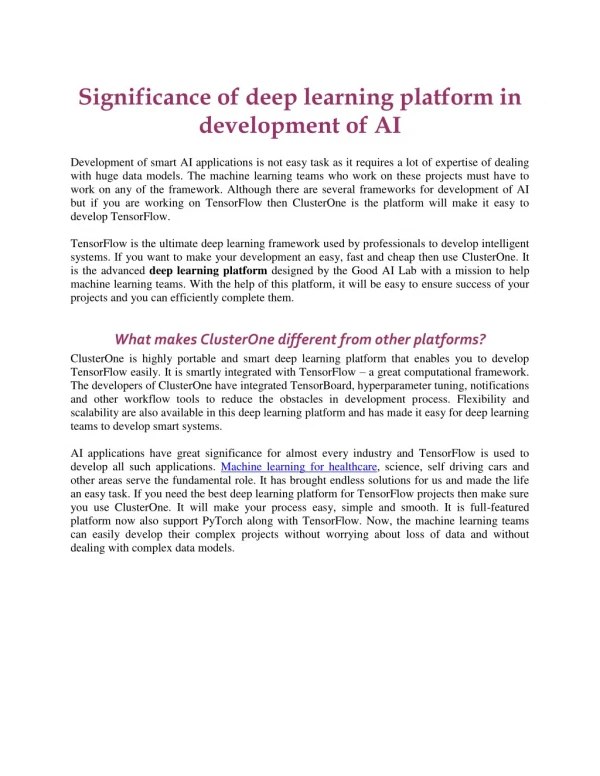 Significance of deep learning platform in development of AI