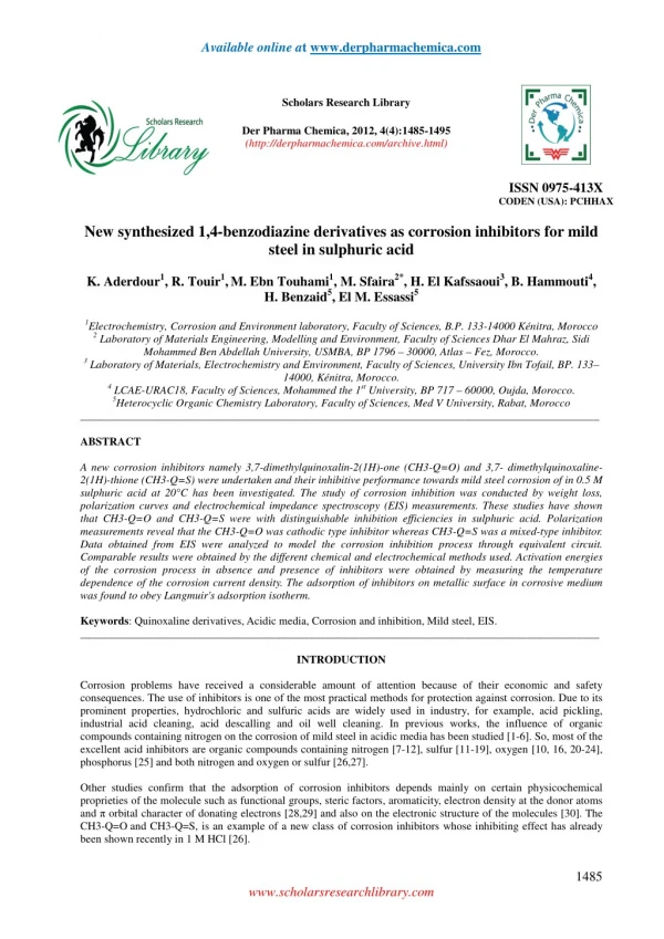 New synthesized 1,4-benzodiazine derivatives as corrosion inhibitors for mild steel in sulphuric acid