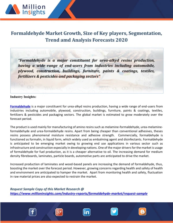 Formaldehyde Market Growth, Size of Key players, Segmentation, Trend amd Analysis Forecasts 2020