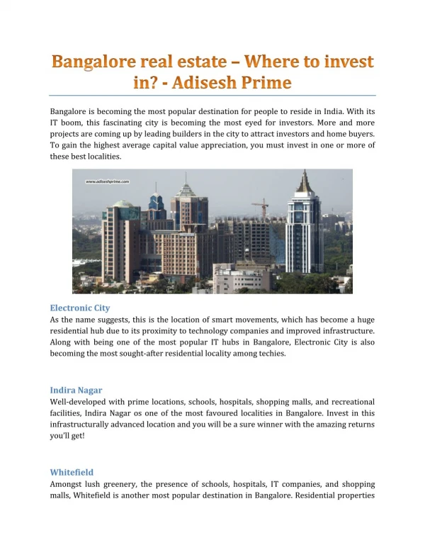 Bangalore real estate – Where to invest in? - Adisesh Prime