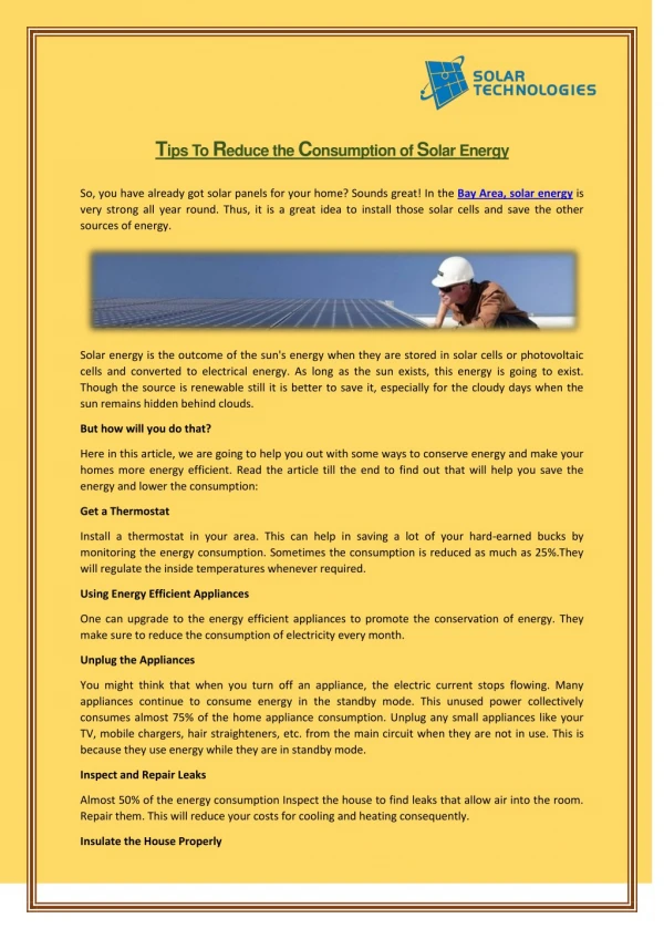 Tips To Reduce The Consumption Of Solar Energy - Solar Technologies