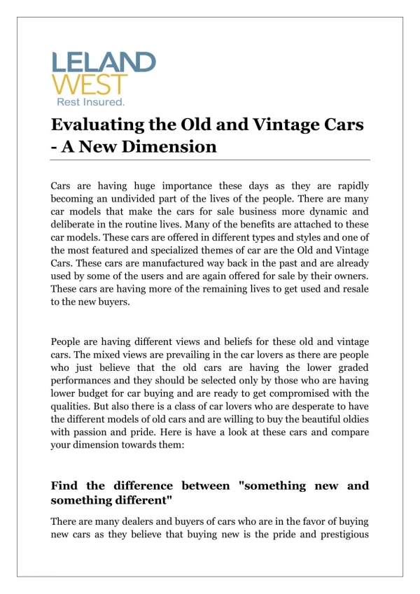 Evaluating the Old and Vintage Cars - A New Dimension