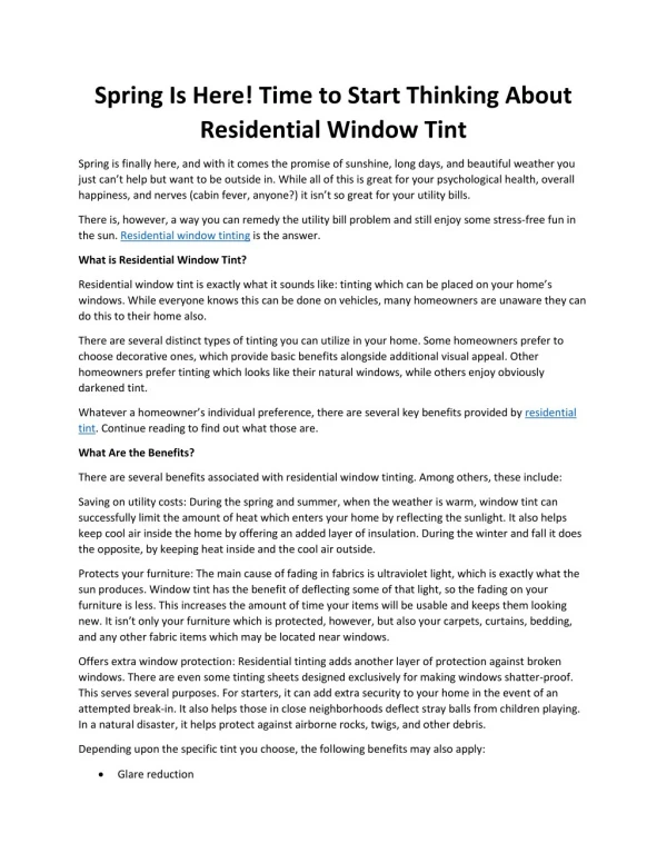Spring Is Here! Time to Start Thinking About Residential Window Tint