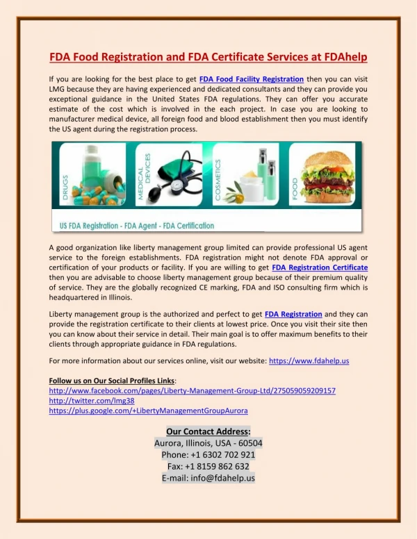 FDA Food Facility Registration and FDA Certificates Services at FDAhelp