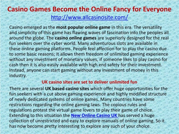 Casino Games Become the Online Fancy for Everyone