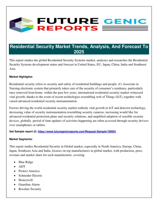 Global Residential Security Systems Market- Positive Long-Term Growth Outlook 2018-2025