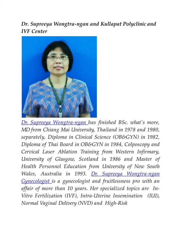 Dr. Supreeya Wongtra-ngan and Kullapat Polyclinic and IVF Center