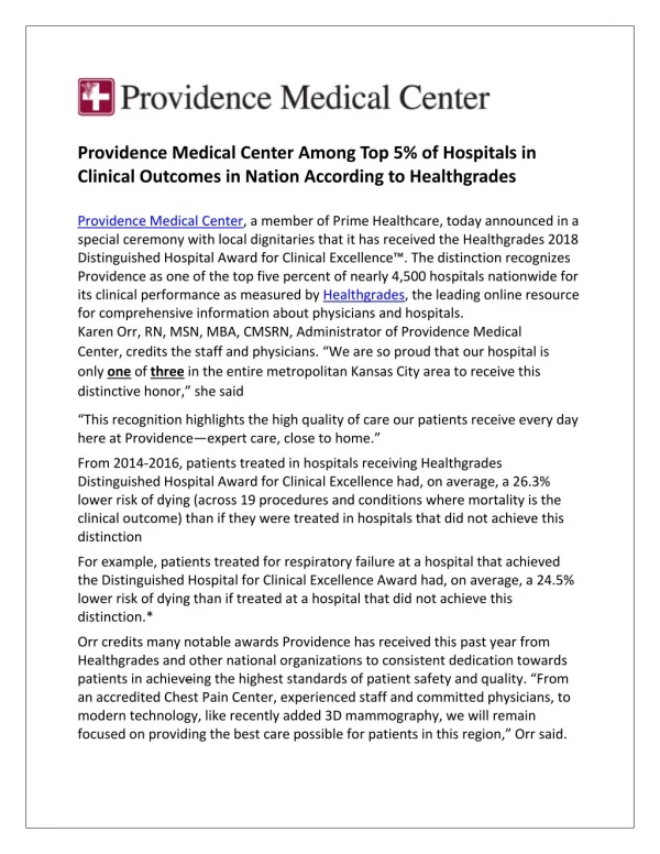 Providence Medical Center Among Top 5% of Hospitals in Clinical Outcomes in Nation According to Healthgrades