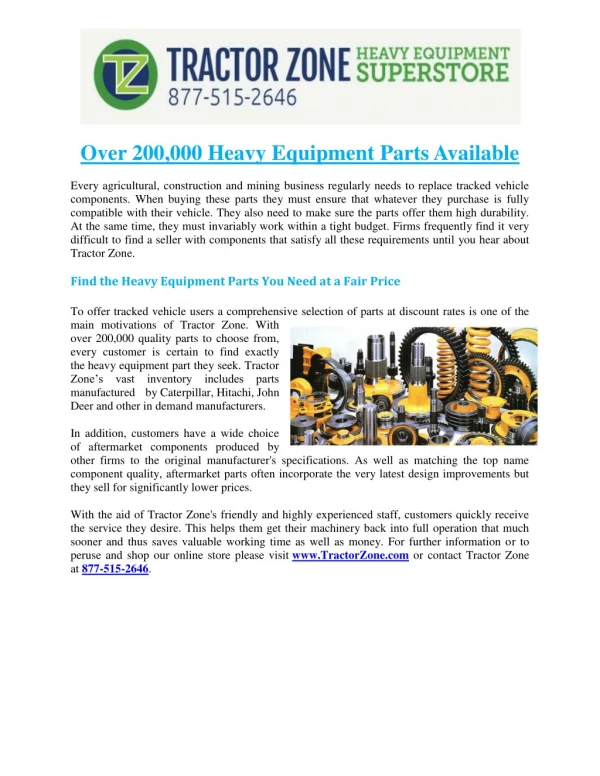 Over 200,000 Heavy Equipment Parts Available - Tractor Zone Heavy Equipment Superstore