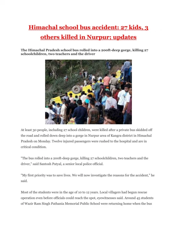 Himachal school bus accident: 27 kids, 3 others killed in Nurpur; updates