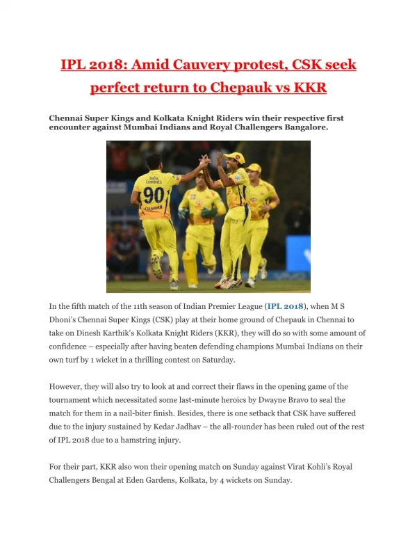 IPL 2018: Amid Cauvery protest, CSK seek perfect return to Chepauk vs KKR