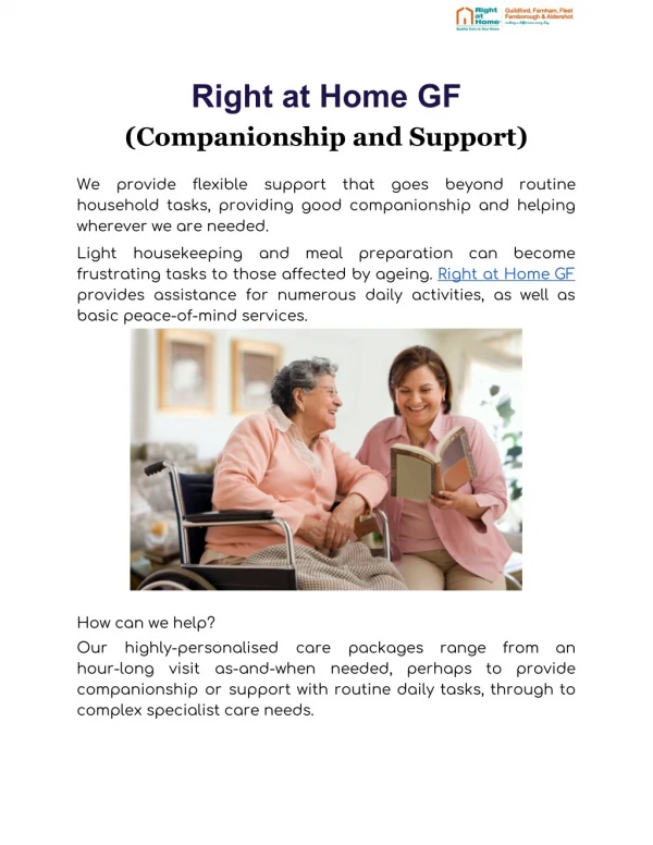 Good Companionship and Support Care Packages | Right At Home UK