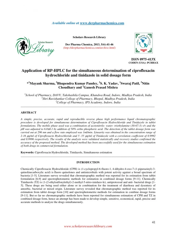 Application of RP-HPLC for the simultaneous determination of ciprofloxacin hydrochloride and tinidazole in solid dosage