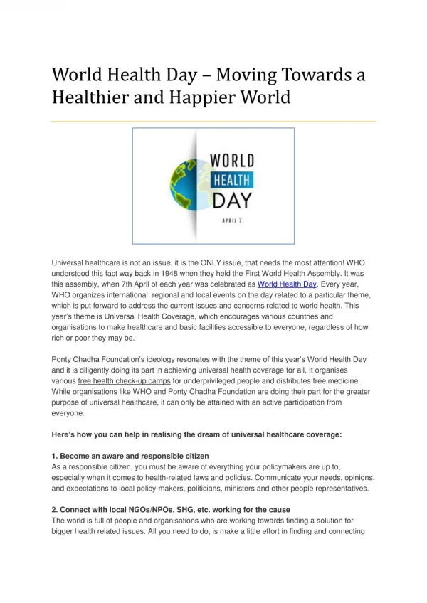 World Health Day – Moving Towards a Healthier and Happier World