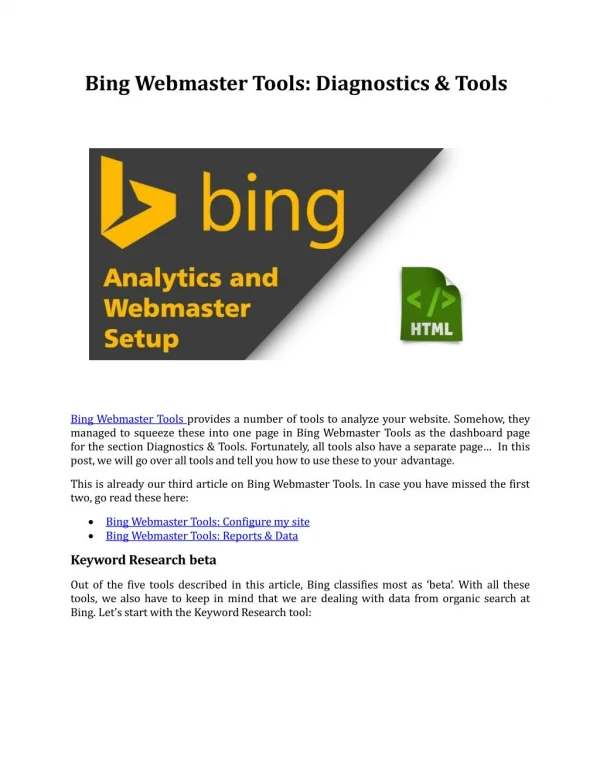 Bing Webmaster Tools: Diagnostics & Tools