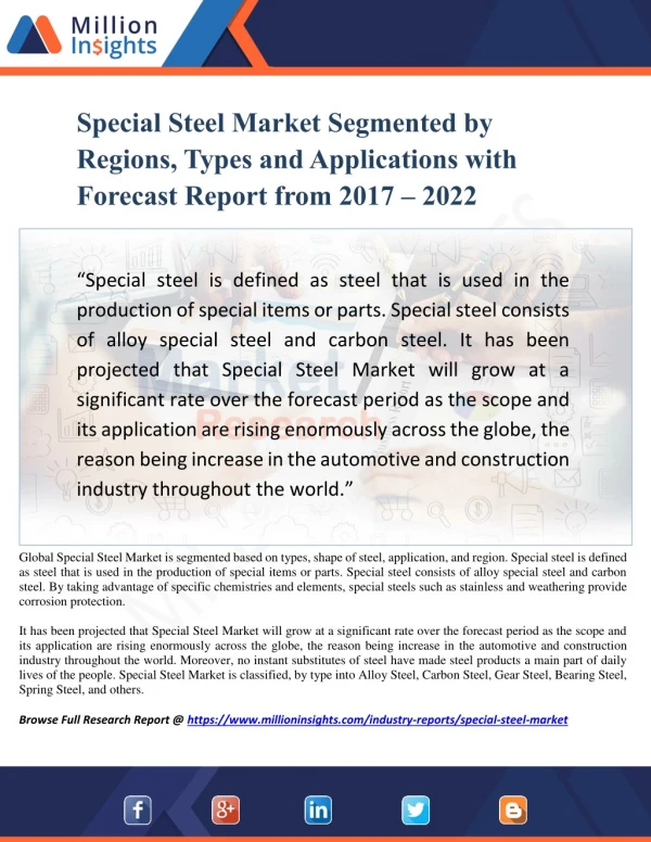 Special Steel Market Segmented by Regions, Types and Applications with Forecast Report from 2017 – 2022