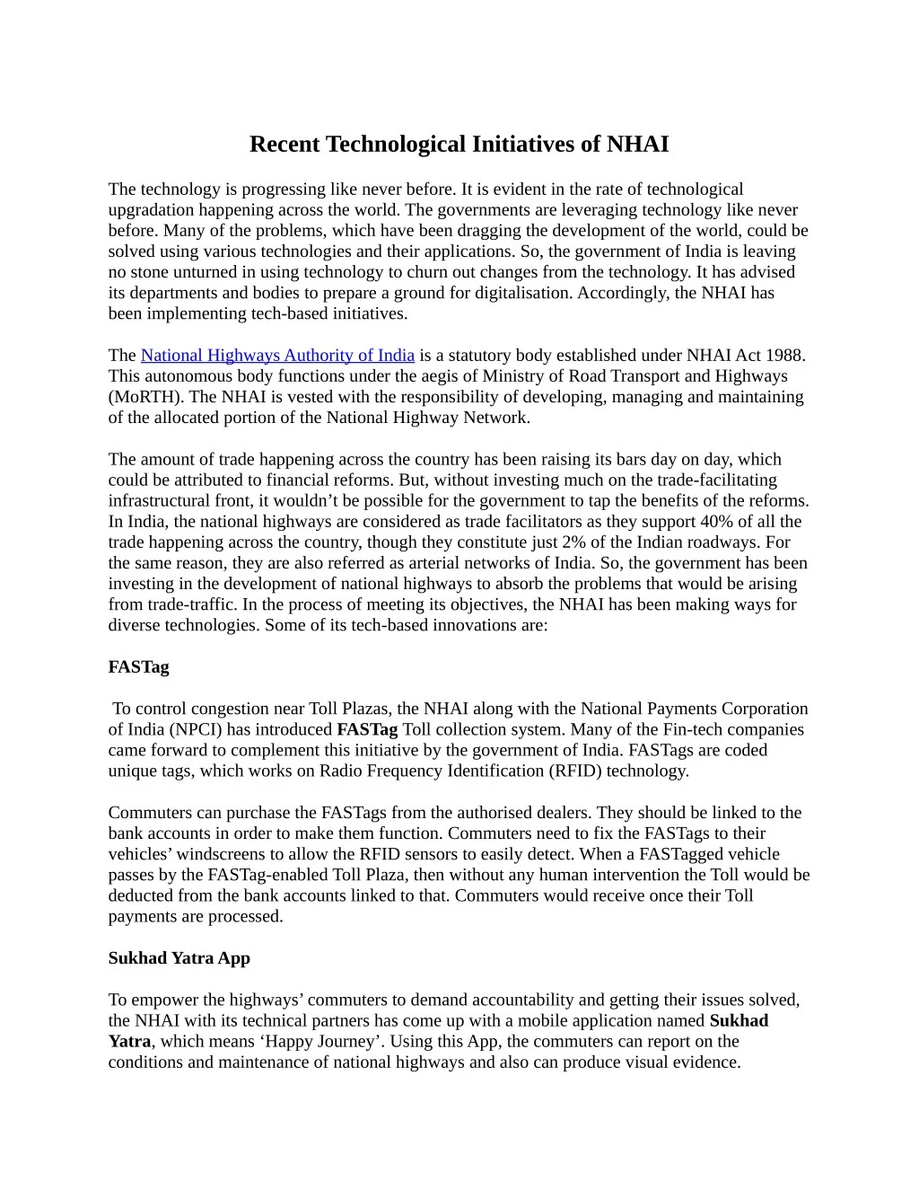 recent technological initiatives of nhai