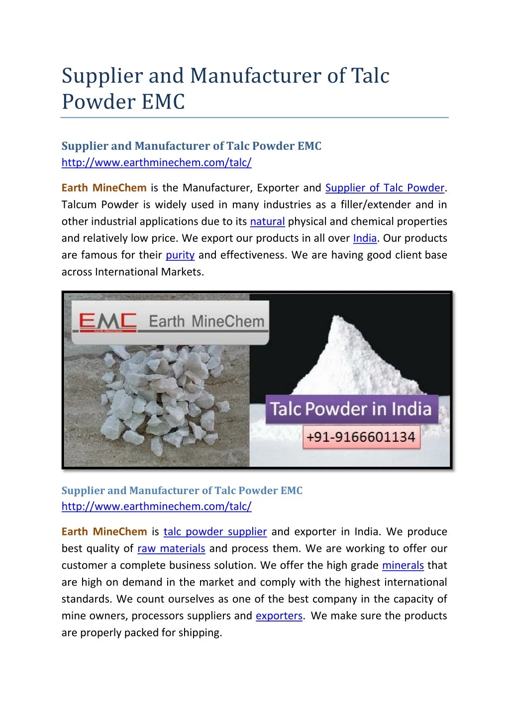 supplier and manufacturer of talc powder emc