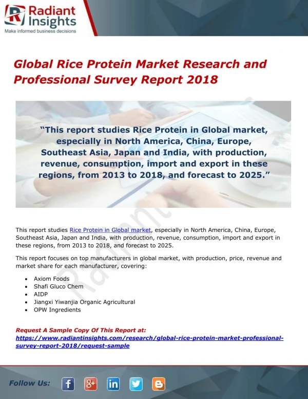 Global Rice Protein Market Research and Professional Survey Report 2018