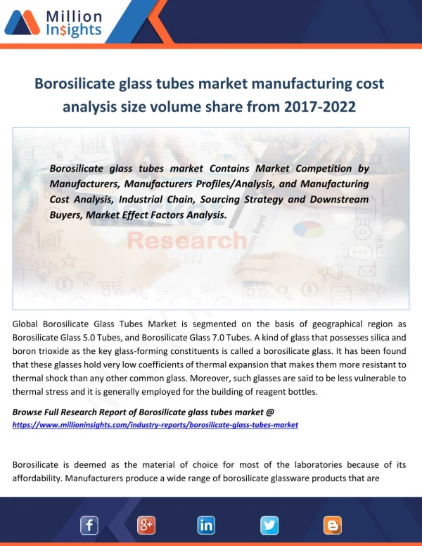 Borosilicate glass tubes market manufacturing cost analysis size volume share from 2017-2022