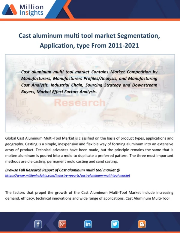 Cast aluminum multi tool market production revenue price and gross margin forecast 2011-2021