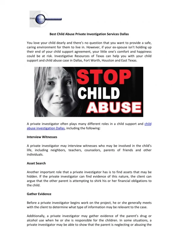 Child Abuse Private Investigation Company in Dallas