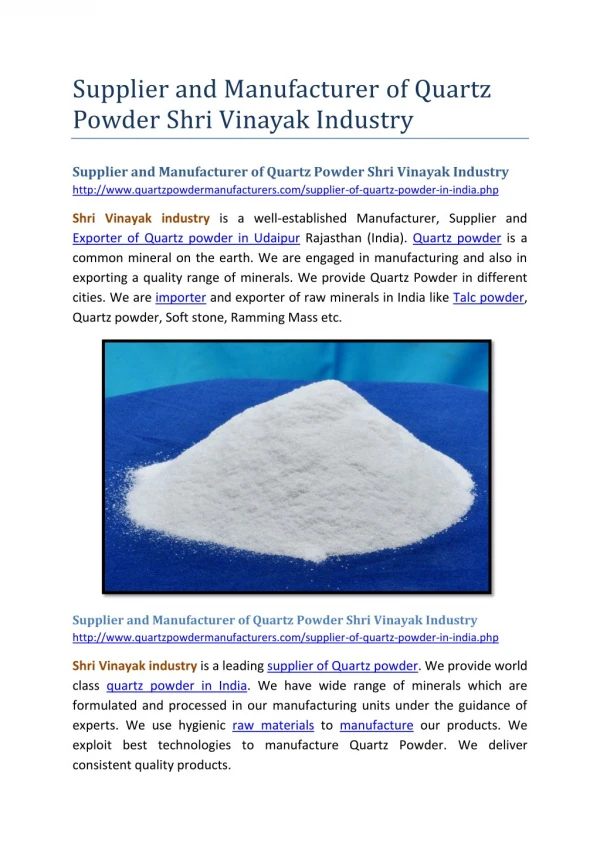 Supplier and Manufacturer of Quartz Powder Shri Vinayak Industry