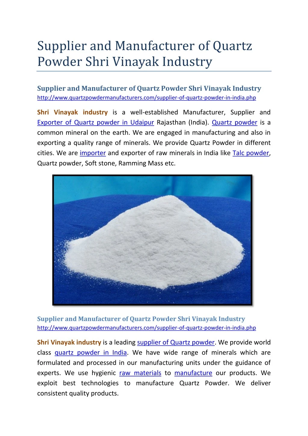 supplier and manufacturer of quartz powder shri