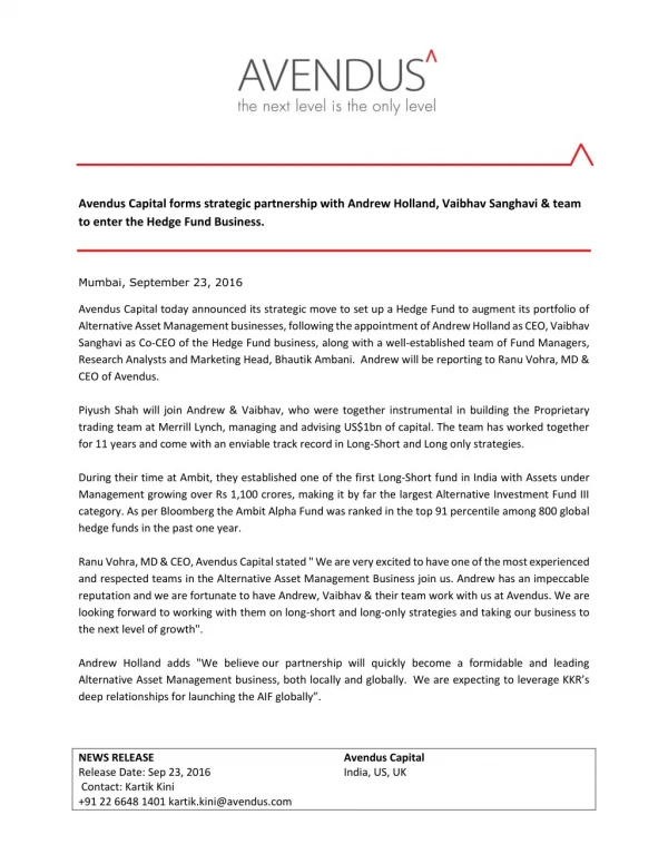 Avendus Capital forms strategic partnership with Andrew Holland, Vaibhav Sanghavi & team to enter the Hedge Fund Busines