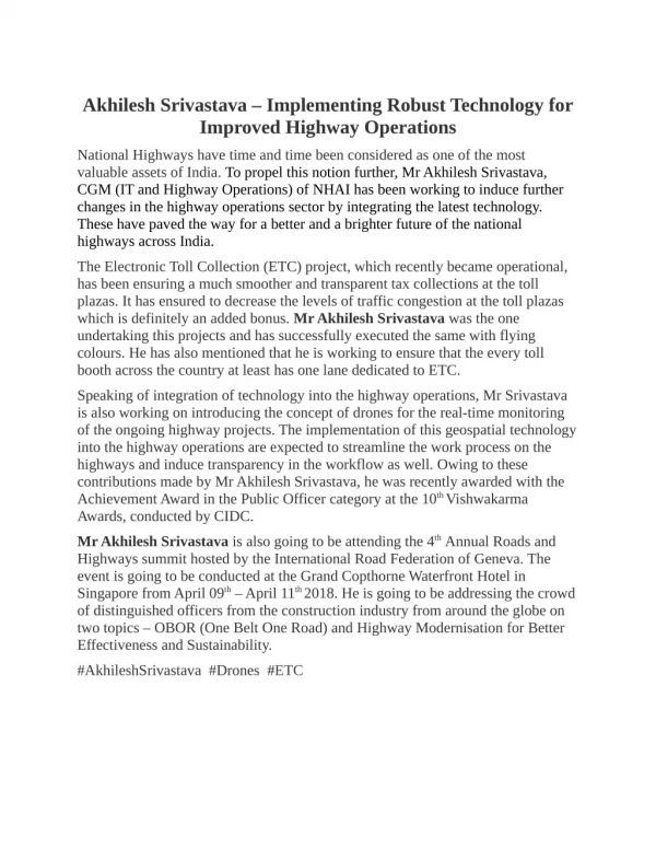 Akhilesh Srivastava â€“ Implementing Robust Technology for Improved Highway Operations