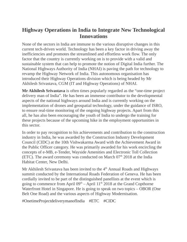 Highway Operations in India to Integrate New Technological Innovations