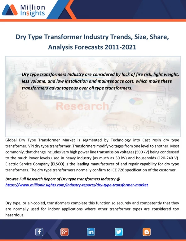Dry type transformer market industry revenue analysis size share to 2021