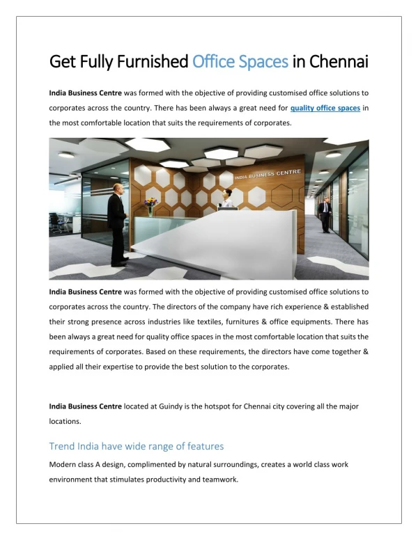 Get Fully Furnished Office Spaces in Chennai