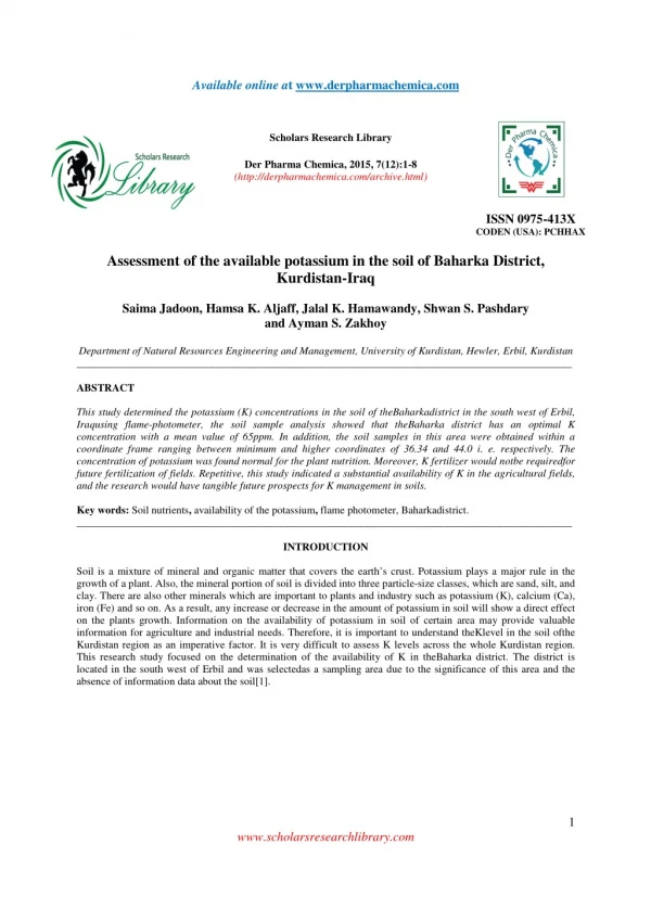 Assessment of the available potassium in the soil of Baharka District, Kurdistan-Iraq