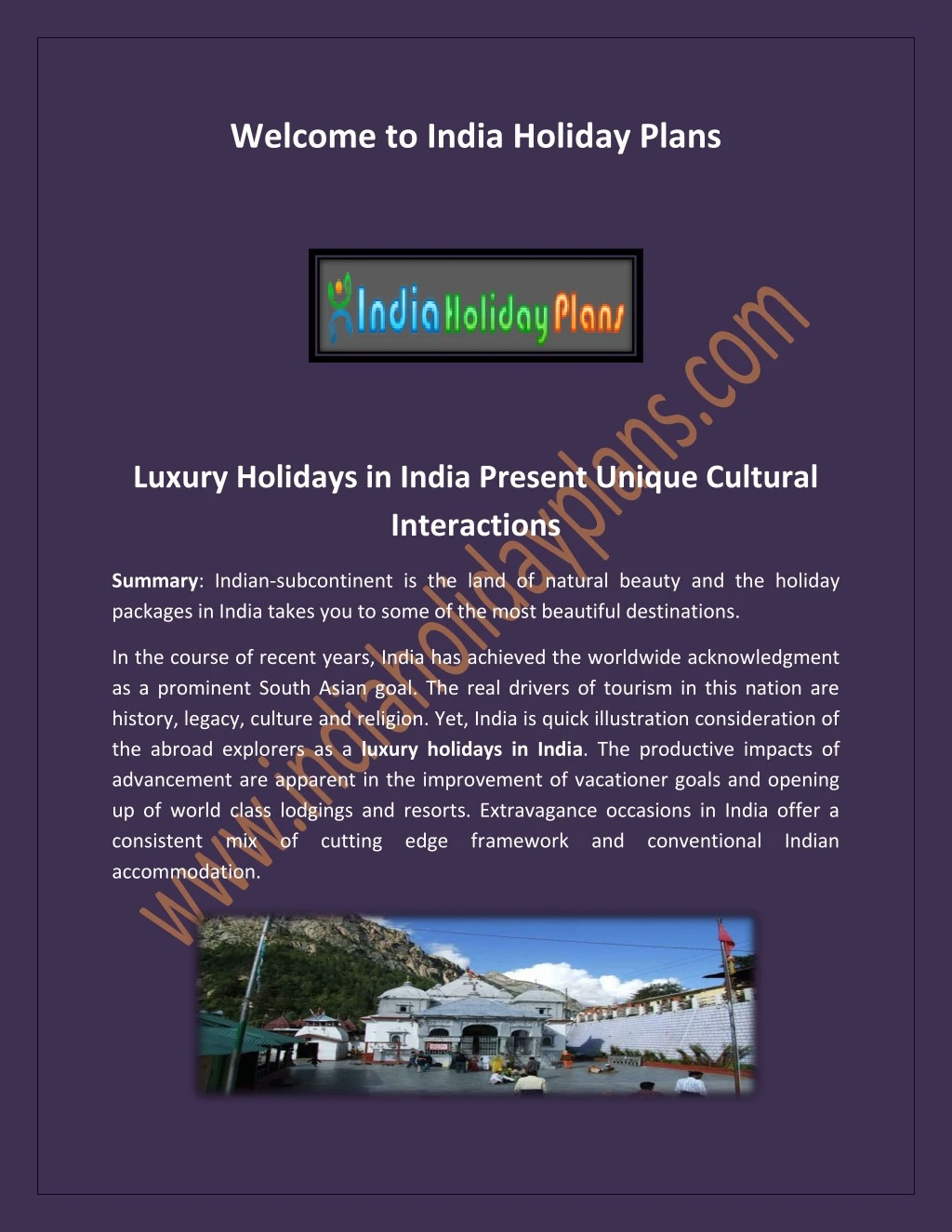 welcome to india holiday plans