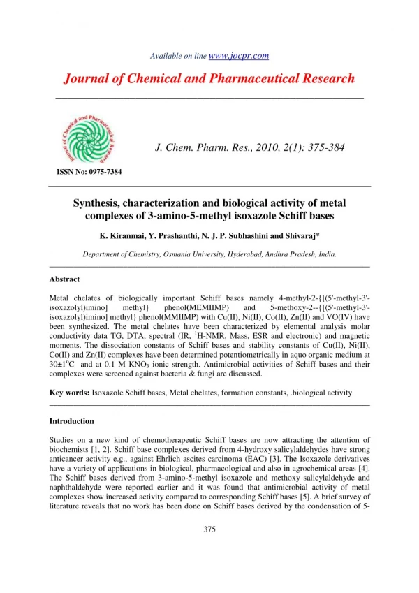 Synthesis, characterization and biological activity of metal complexes of 3-amino-5-methyl isoxazole Schiff bases