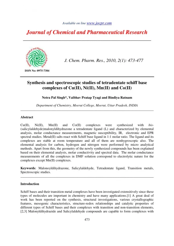 Synthesis and spectroscopic studies of tetradentate schiff base complexes of Cu(II), Ni(II), Mn(II) and Co(II)