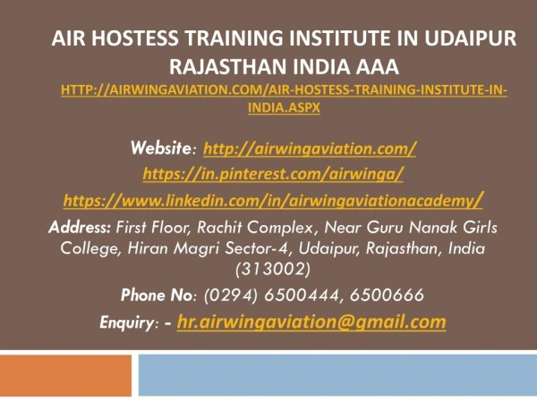 Air Hostess Training Institute in Udaipur Rajasthan India AAA