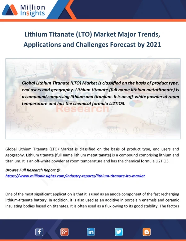 Lithium Titanate (LTO) Market Major Trends, Applications and Challenges Forecast by 2021