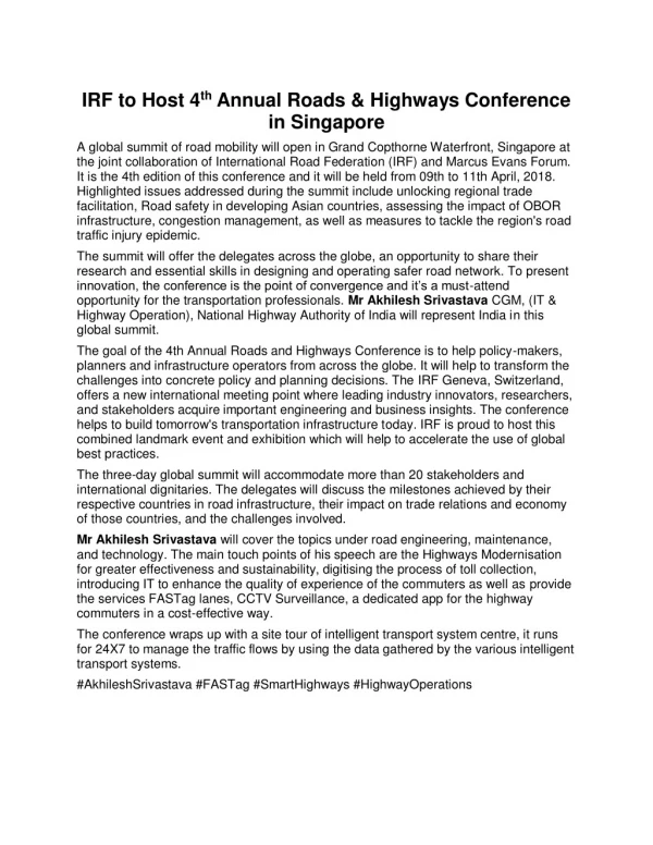 IRF to Host 4th Annual Roads & Highways Conference in Singapore