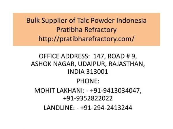 Bulk Supplier of Talc Powder Indonesia Pratibha Refractory