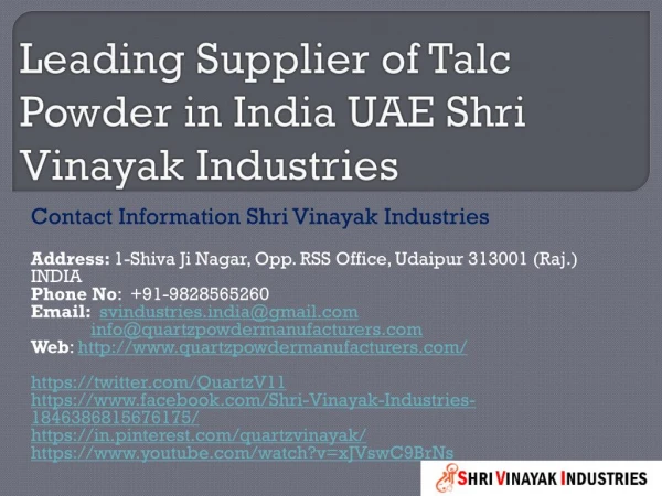 Leading Supplier of Talc Powder in India UAE Shri Vinayak Industries