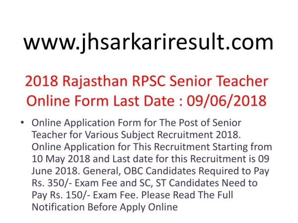 2018 Rajasthan RPSC Senior Teacher Online Form Last Date : 09/06/2018