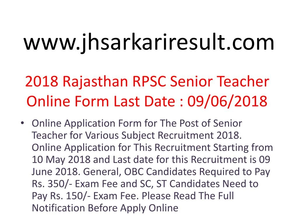 2018 rajasthan rpsc senior teacher online form last date 09 06 2018