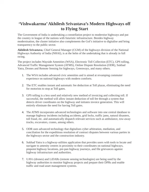 â€˜Vishwakarmaâ€™ Akhilesh Srivastavaâ€™s Modern Highways off to Flying Start