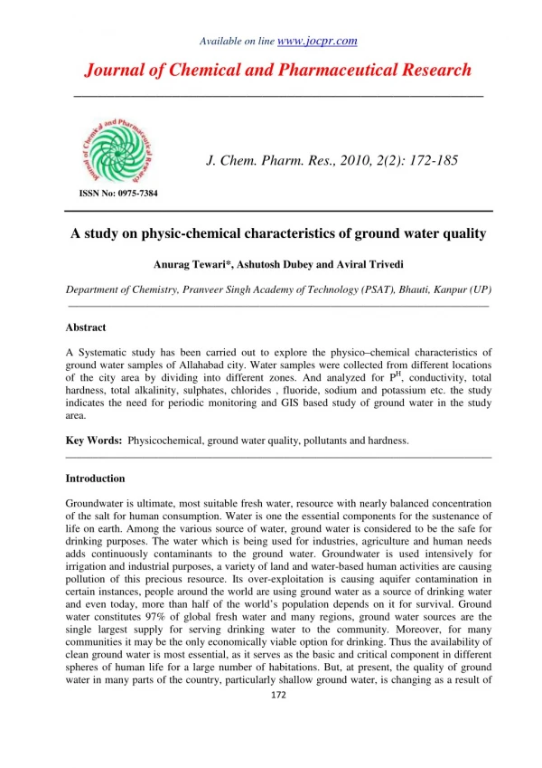 A study on physic-chemical characteristics of ground water quality