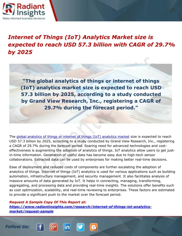 Internet of Things (IoT) Analytics Market size is expected to reach USD 57.3 billion with CAGR of 29.7% by 2025