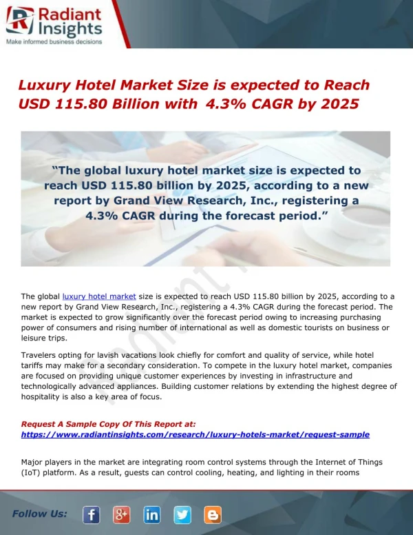 Luxury Hotel Market Size is expected to Reach USD 115.80 Billion with 4.3% CAGR by 2025