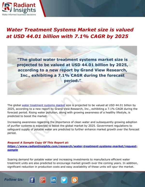 Water Treatment Systems Market size is valued at USD 44.01 billion with 7.1% CAGR by 2025